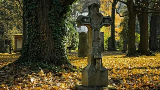 Moosbewachsenes Steinkreuz auf herbstlichem Friedhof