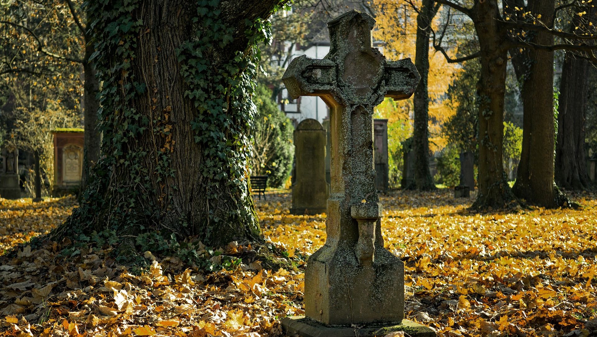 Moosbewachsenes Steinkreuz auf herbstlichem Friedhof